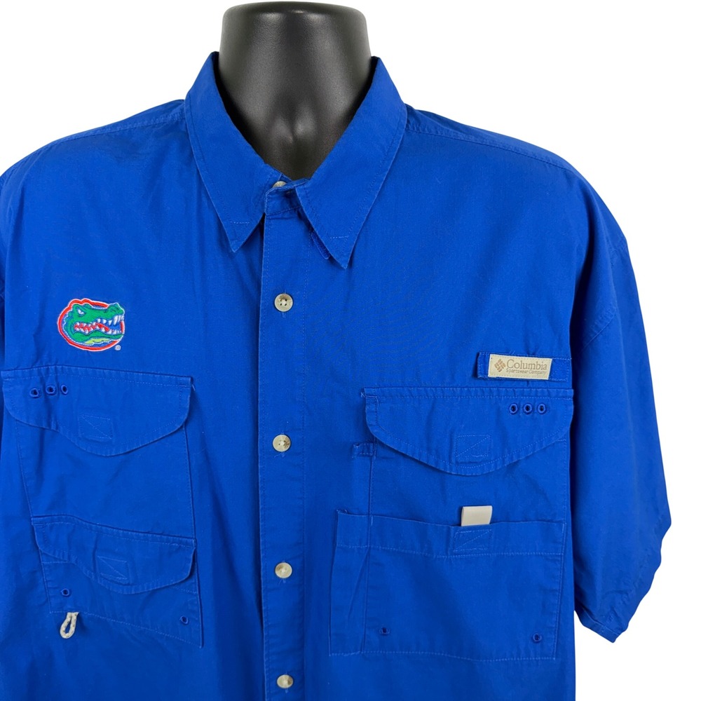 Columbia PFG Florida Gators Fishing Shirt Mens XL Blue Short Sleeve Button Down